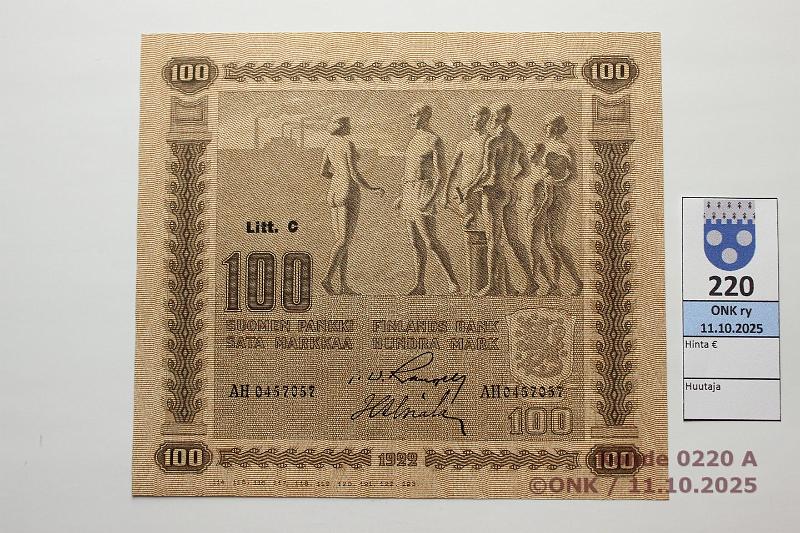 k-0220-a.jpg - Kohde 220 (kuva 1/2), lhthinta: 100 € / ei tarjouksia 100 mk 1922 LC SNY 178.4.1 AH0457057 RAN-Als, kunto: 8