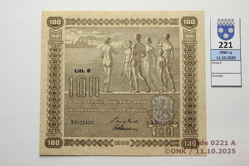 k-0221-a.jpg - Kohde 221 (kuva 1/2), lhthinta: 180 € / ei tarjouksia 100 mk 1939 LD SNY 179.2 A3601623 HEU-Wah, vl2, ex-SNY, kunto: 10