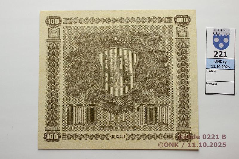 k-0221-b.jpg - Kohde 221 (kuva 2/2), lhthinta: 180 € / ei tarjouksia 100 mk 1939 LD SNY 179.2 A3601623 HEU-Wah, vl2, ex-SNY, kunto: 10