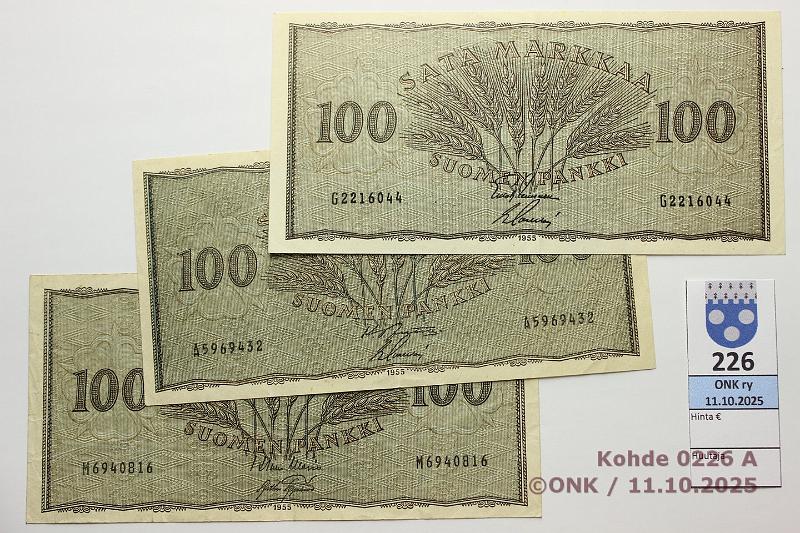 k-0226-a.jpg - Kohde 226, lhthinta: 15 € / myyntihinta: 15 € 100 mk 1955 (3) SNY 181.1.1 A
JUT-Sac, G
LEI-Sac, M
WAR-AAs, kunto: 4-6