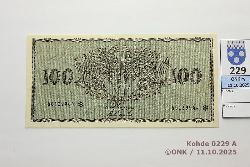 k-0229-a.jpg - Kohde 229 (kuva 1/2), lhthinta: 80 € / myyntihinta: 80 € 100 mk 1955 A* SNY 181.2 A0139944* LEI-AAs, korvaava, kunto: 9