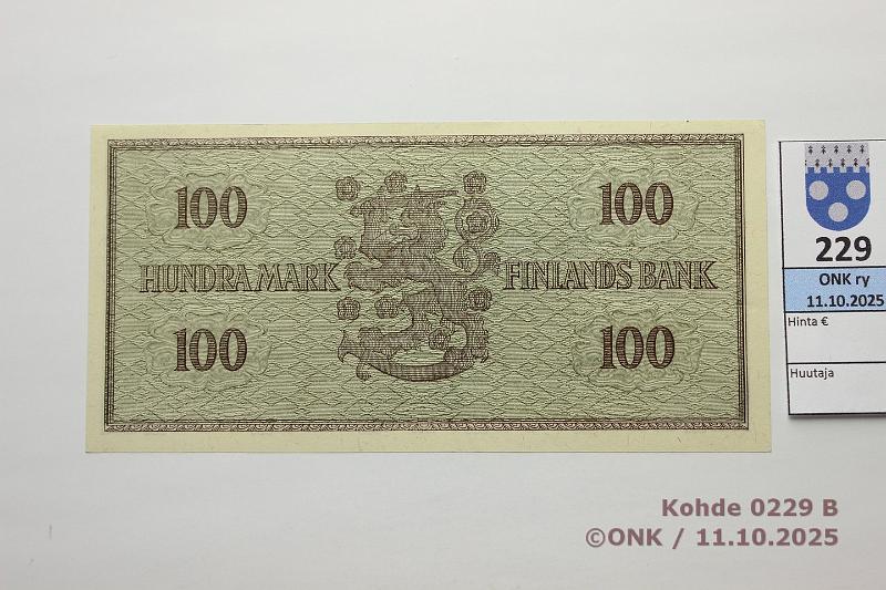 k-0229-b.jpg - Kohde 229 (kuva 2/2), lhthinta: 80 € / myyntihinta: 80 € 100 mk 1955 A* SNY 181.2 A0139944* LEI-AAs, korvaava, kunto: 9