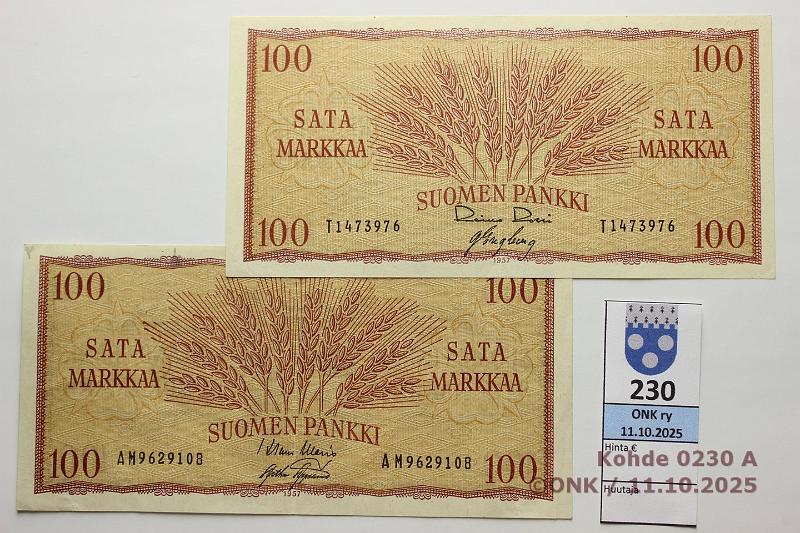 k-0230-a.jpg - Kohde 230, lhthinta: 12 € / myyntihinta: 14 € 100 mk 1957 (2) SNY 182.1.1 T
RO I-Eng, AM
WAR-AAs, kunto: 8, 5