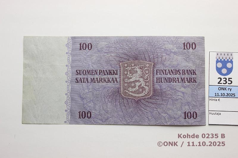 k-0235-b.jpg - Kohde 235 (kuva 2/2), lhthinta: 30 € / myyntihinta: 42 € 100 mk 1963 SNY 183.1.1 A9991270 WAR-Eng, iso n:o, loiva ristitaitos, kunto: 6