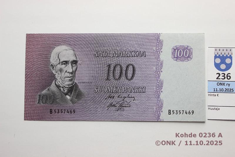k-0236-a.jpg - Kohde 236 (kuva 1/2), lhthinta: 50 € / myyntihinta: 60 € 100 mk 1963 SNY 183.1.1 B5357469 KA I-AAs, painumia, ei taitteita, kunto: 8