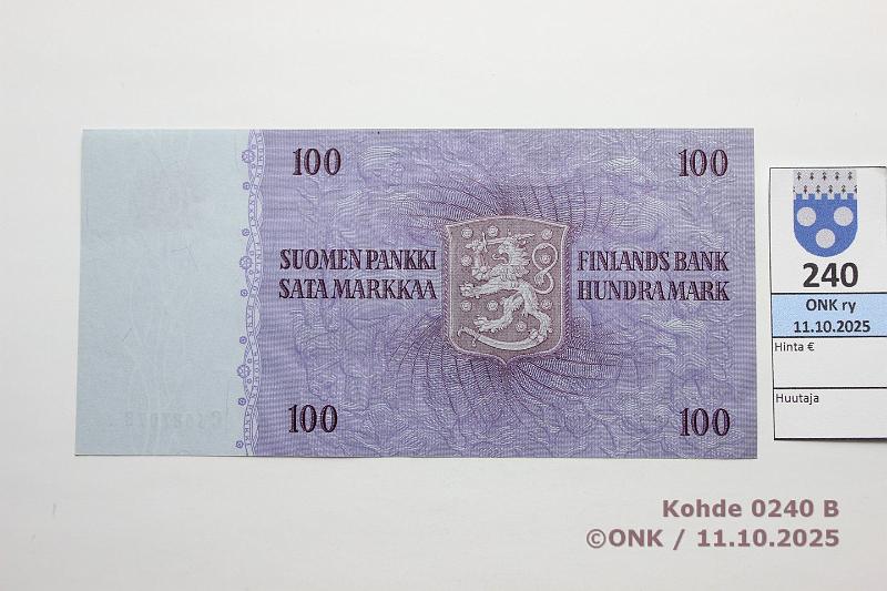 k-0240-b.jpg - Kohde 240 (kuva 2/2), lhthinta: 25 € / myyntihinta: 25 € 100 mk 1963 LA SNY 183.3.1 C6687078 HET-Vou, keski- ja nurkkataite, pintaeloa, kunto: 7
