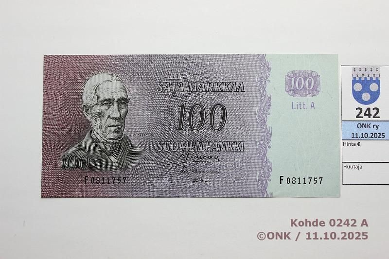 k-0242-a.jpg - Kohde 242 (kuva 1/2), lhthinta: 45 € / ei tarjouksia 100 mk 1963 LA SNY 183.3.1 F0811757 SIM-Tam, kunto: 9
