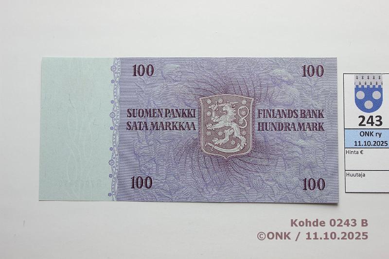 k-0243-b.jpg - Kohde 243 (kuva 2/2), lhthinta: 45 € / myyntihinta: 46 € 100 mk 1963 LA SNY 183.3.1 G7062410 KA I-M1, kunto: 9