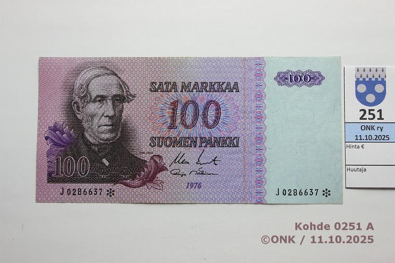 k-0251-a.jpg - Kohde 251 (kuva 1/2), lhthinta: 20 € / ei tarjouksia 100 mk 1976 J* SNY 184.2.3 J0286637* KO II-M1, korvaava, matta, kunto: 5