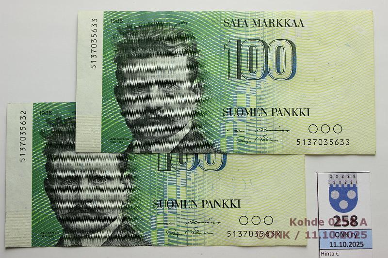 k-0258-a.jpg - Kohde 258 (kuva 1/2), lhthinta: 20 € / ei tarjouksia 100 mk 1986 (2) SNY 185.1.1 5137035632-33 AL I-M1, 2 perk., laineita, kunto: 6