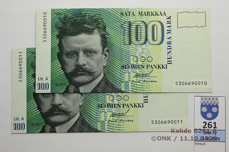 k-0261-a.jpg - Kohde 261, lhthinta: 35 € / myyntihinta: 38 € 100 mk 1986 LA (2) SNY 185.3 5306690010-11 OL II-Ko2, 2 perk., kunto: 9