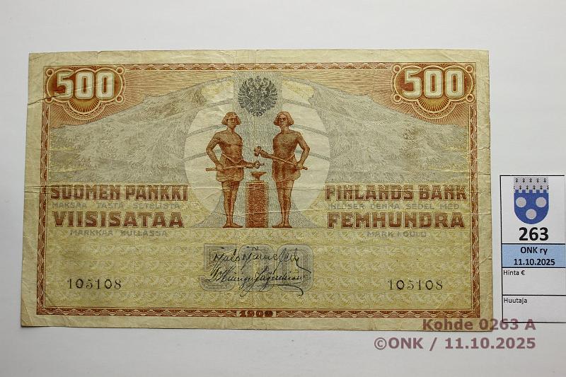 k-0263-a.jpg - Kohde 263 (kuva 1/2), lhthinta: 40 € / myyntihinta: 40 € 500 mk 1909 KV SNY 188.2 1(0)5108 JR-His, 9 muutettu 0:ksi, kunto: 4