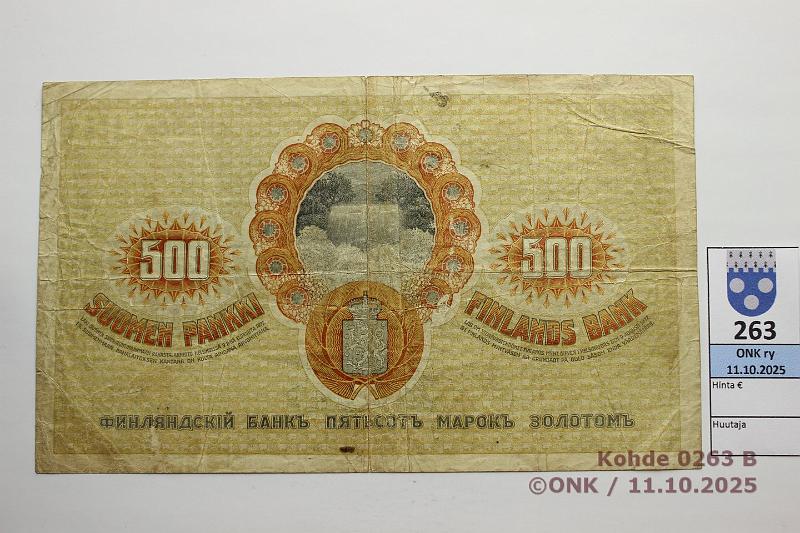k-0263-b.jpg - Kohde 263 (kuva 2/2), lhthinta: 40 € / myyntihinta: 40 € 500 mk 1909 KV SNY 188.2 1(0)5108 JR-His, 9 muutettu 0:ksi, kunto: 4