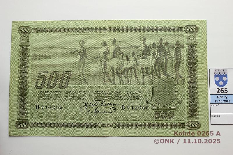 k-0265-a.jpg - Kohde 265 (kuva 1/2), lhthinta: 1400 € / ei tarjouksia 500 mk 1922 SNY 189.1.2 B712055 KAL-OAs, laattan:o, preiki, prep, kunto: 4