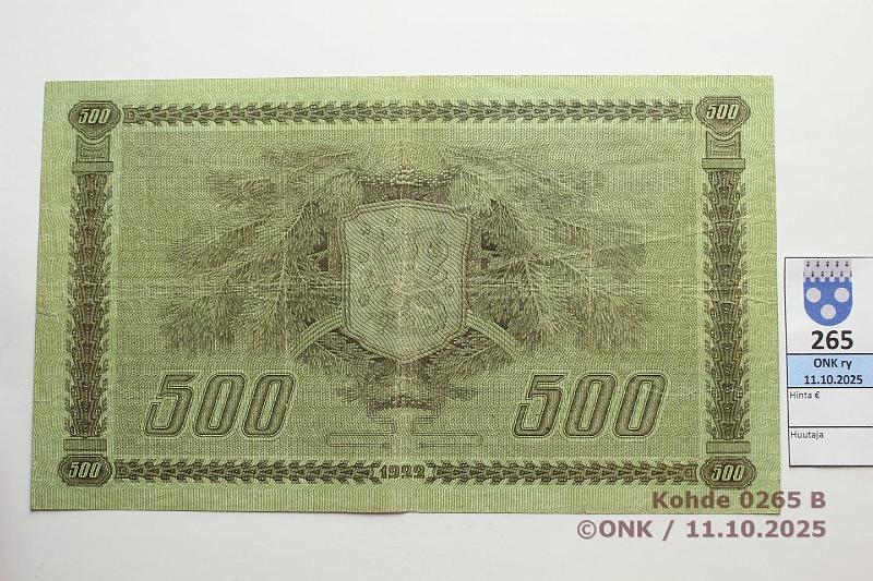 k-0265-b.jpg - Kohde 265 (kuva 2/2), lhthinta: 1400 € / ei tarjouksia 500 mk 1922 SNY 189.1.2 B712055 KAL-OAs, laattan:o, preiki, prep, kunto: 4