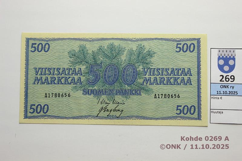 k-0269-a.jpg - Kohde 269 (kuva 1/2), lhthinta: 180 € / myyntihinta: 180 € 500 mk 1956 SNY 192.1.1 A1780656 WAR-Eng, keltainen paperi, kunto: 9