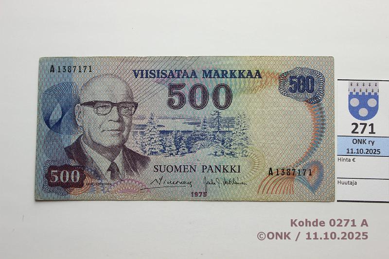 k-0271-a.jpg - Kohde 271 (kuva 1/2), lhthinta: 100 € / ei tarjouksia 500 mk 1975 SNY 193.1.1 A1387171 SIM-Vou, musta lanka, prsstty, kunto: 5