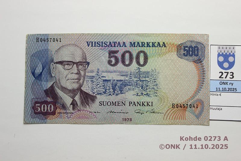 k-0273-a.jpg - Kohde 273 (kuva 1/2), lhthinta: 80 € / ei tarjouksia 500 mk 1975 SNY 193.3.1 B0457041 AL I-M1, keltainen lanka, prsstty, kunto: 5