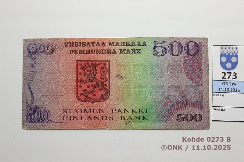 k-0273-b.jpg - Kohde 273 (kuva 2/2), lhthinta: 80 € / ei tarjouksia 500 mk 1975 SNY 193.3.1 B0457041 AL I-M1, keltainen lanka, prsstty, kunto: 5