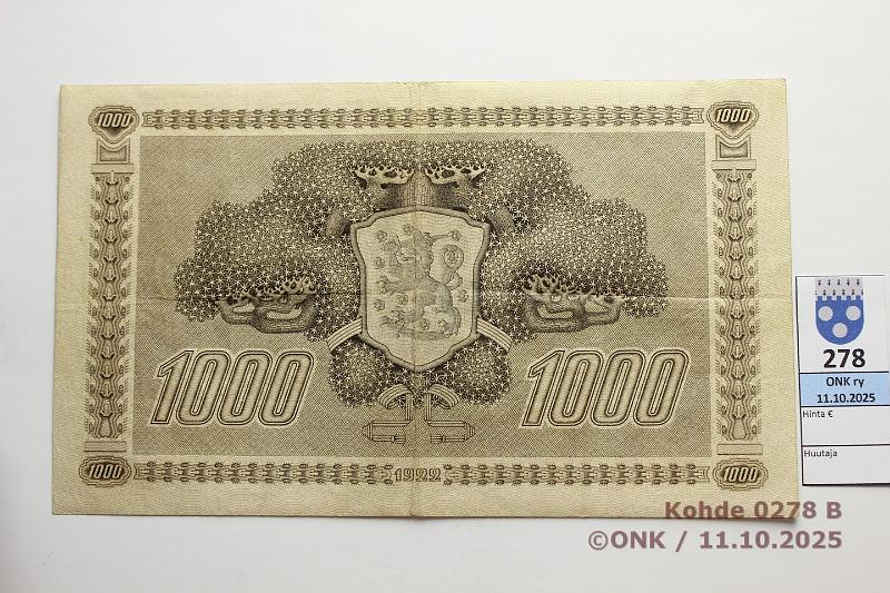 k-0278-b.jpg - Kohde 278 (kuva 2/2), lhthinta: 2700 € / myyntihinta: 2700 € 1000 mk 1922 SNY 197.1.2 B068629 GR I-Ml, laattan:o, eprep, kunto: 5
