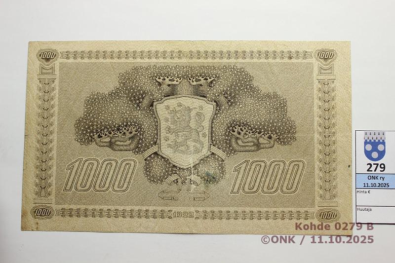 k-0279-b.jpg - Kohde 279 (kuva 2/2), lhthinta: 60 € / myyntihinta: 60 € 1000 mk 1922 LC tI SNY 197.3.1 C959867 HEU-Als, prsstty, eprep, tp hieman likaa, kunto: 5
