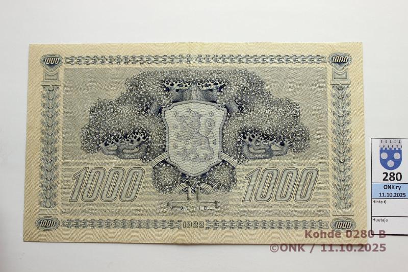 k-0280-b.jpg - Kohde 280 (kuva 2/2), lhthinta: 2900 € / ei tarjouksia 1000 mk 1922 LD SNY 197.4 A002188 RAN-Als, ep neulanreik, poikkeuksellinen kunto!, kunto: 6