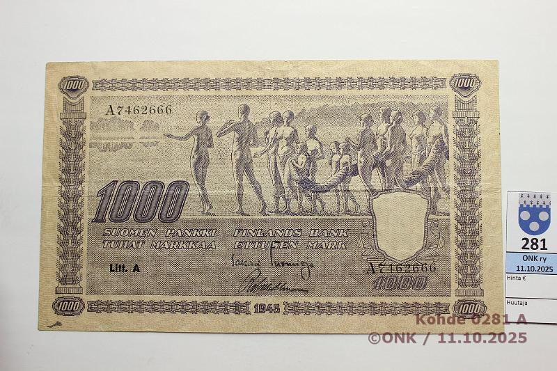 k-0281-a.jpg - Kohde 281 (kuva 1/2), lhthinta: 70 € / ei tarjouksia 1000 mk 1945 LA SNY 199.1.1 A7462666 TUO-Wah, kunto: 4
