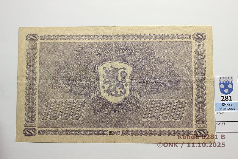 k-0281-b.jpg - Kohde 281 (kuva 2/2), lhthinta: 70 € / ei tarjouksia 1000 mk 1945 LA SNY 199.1.1 A7462666 TUO-Wah, kunto: 4