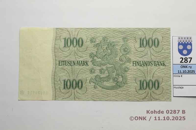 k-0287-b.jpg - Kohde 287 (kuva 2/2), lhthinta: 100 € / myyntihinta: 100 € 1000 mk 1955 A* SNY 200.2.1 A0004515* JUT-AAs, vl1, korvaava, kunto: 6