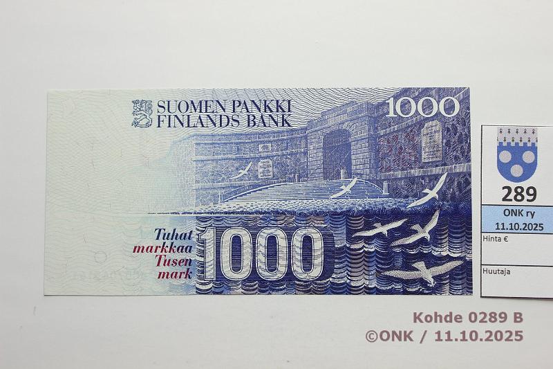 k-0289-b.jpg - Kohde 289 (kuva 2/2), lhthinta: 180 € / ei tarjouksia 1000 mk 1986 SNY 201.1 8007045161 UUS-M1, kunto: 8
