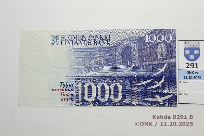 k-0291-b.jpg - Kohde 291 (kuva 2/2), lhthinta: 150 € / myyntihinta: 150 € 1000 mk 1986 LA SNY 201.3.1 8037742366 KU II-M1, painuma, kunto: 9