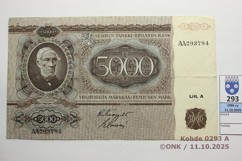k-0293-a.jpg - Kohde 293 (kuva 1/2), lhthinta: 2000 € / ei tarjouksia 5000 mk 1945 LA SNY 204.1.1 AA093784 FIE-Sac, 2 kirjaimella, kunto: 5