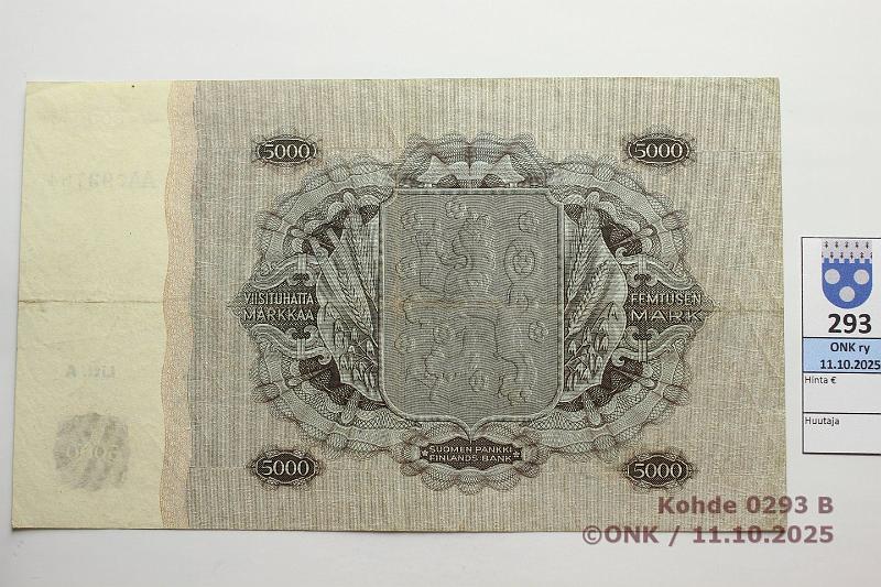 k-0293-b.jpg - Kohde 293 (kuva 2/2), lhthinta: 2000 € / ei tarjouksia 5000 mk 1945 LA SNY 204.1.1 AA093784 FIE-Sac, 2 kirjaimella, kunto: 5