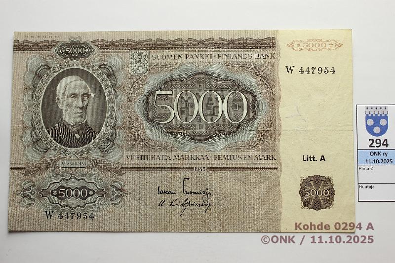 k-0294-a.jpg - Kohde 294 (kuva 1/2), lhthinta: 250 € / myyntihinta: 255 € 5000 mk 1945 LA SNY 204.1.1 W447954 TUO-Kil, ap km, kunto: 5
