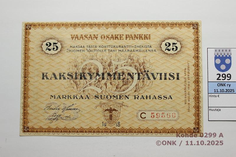 k-0299-a.jpg - Kohde 299 (kuva 1/2), lhthinta: 200 € / myyntihinta: 200 € VOP 25 mk 1918 SNY 212.5 C59560 HEM-Kur, kunto: 6