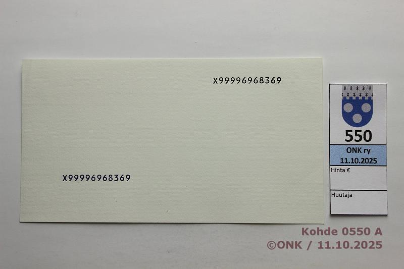 k-0550-a.jpg - Kohde 550 (kuva 1/2), lhthinta: 40 € / myyntihinta: 42 € Saksa 5 € X99996968369 ilman muuta painatusta, painuma kulmassa. Sarjanumerokoneen testiseteli (Giesecke & Devrient), kunto: 9