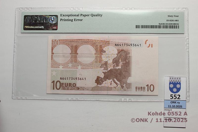 k-0552-a.jpg - Kohde 552 (kuva 1/2), lhthinta: 4000 € / ei tarjouksia Itvalta 10 € 2/2/N/F10 N64173493641 F010 D6 Tri, PMG-slabissa 64, vrit levinneet ak-puolella, tunnetaan 3 kpl, kunto: 9
