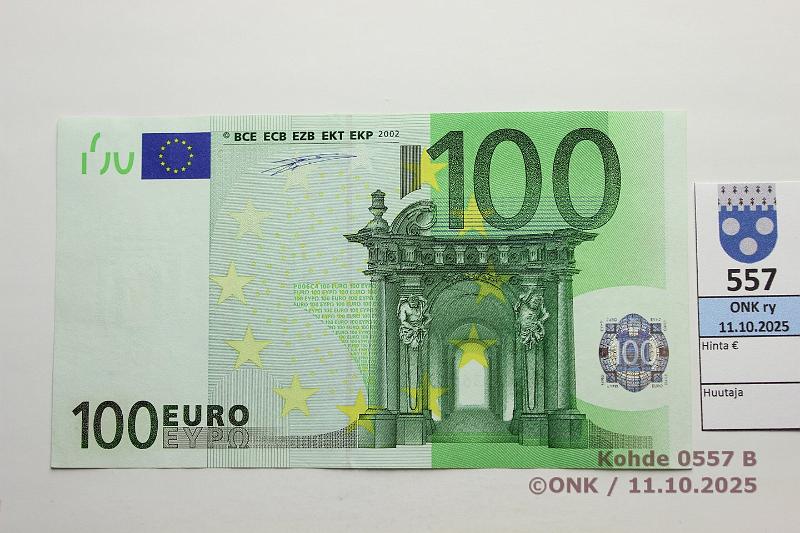 k-0557-b.jpg - Kohde 557 (kuva 2/2), lhthinta: 2000 € / ei tarjouksia Ranska 100 € 5/1/U/P6 U30019336133 P006 C4 Dui, violetti vri puuttuu 100 taustassa, mattapinta, lainetta, kunto: 8