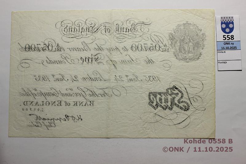 k-0558-b.jpg - Kohde 558 (kuva 2/2), lhthinta: 60 € / myyntihinta: 67 € Iso-Britannia 5  1935 Operaatio Bernhard, saksalainen Peppiat-vrenne. A141 05700 24.1.1935. Neulanreiki, kunto: 6