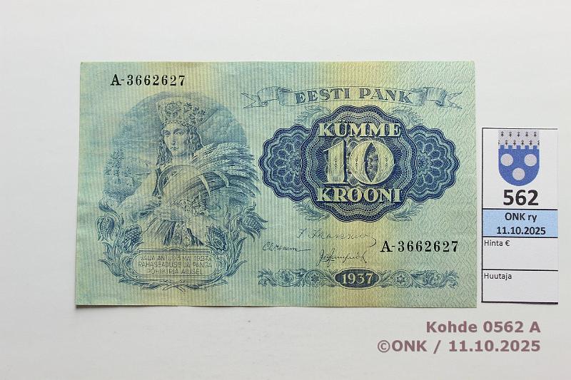 k-0562-a.jpg - Kohde 562 (kuva 1/2), lhthinta: 30 € / myyntihinta: 30 € Viro 10 kr 1937 P#67a, kunto: 7