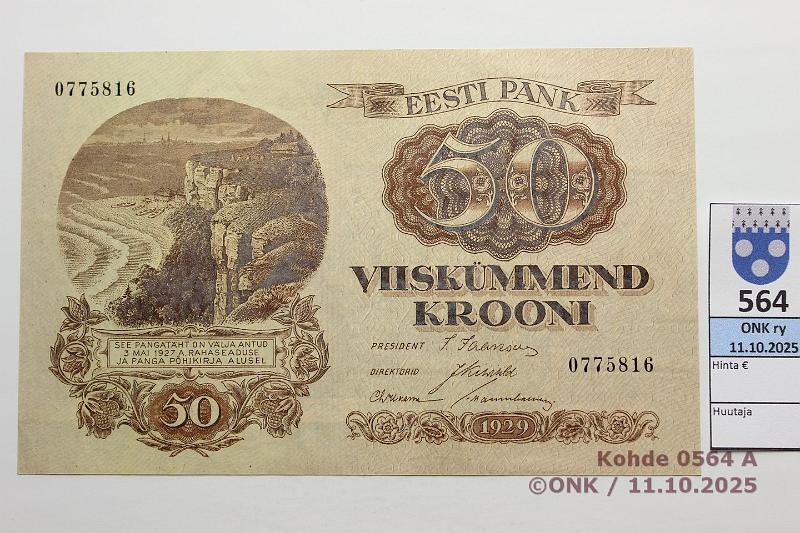 k-0564-a.jpg - Kohde 564 (kuva 1/2), lhthinta: 70 € / myyntihinta: 100 € Viro 50 kr 1929 P#65 Painuma kulmassa, kunto: 9