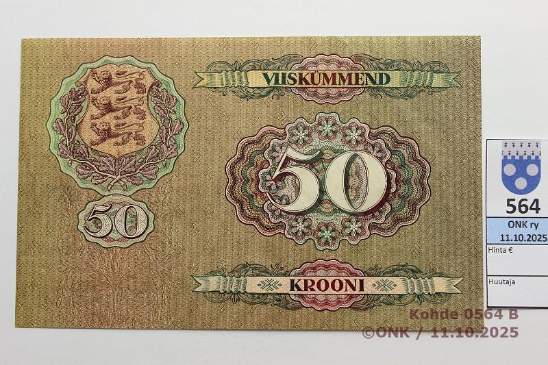 k-0564-b.jpg - Kohde 564 (kuva 2/2), lhthinta: 70 € / myyntihinta: 100 € Viro 50 kr 1929 P#65 Painuma kulmassa, kunto: 9
