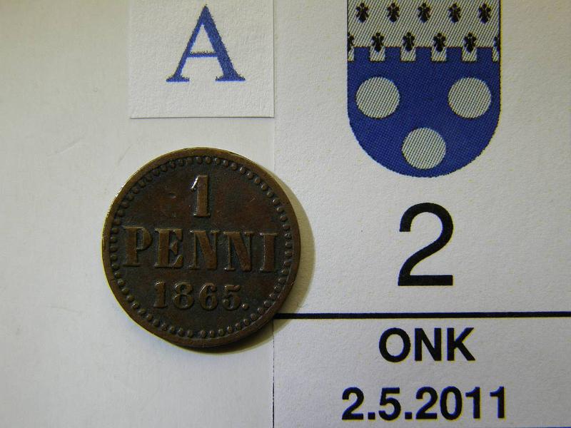 kohde_002_a.jpg - Kohde 2, arvopuoli, lhthinta: 30 € 1 p 1865 SNY 2.1 eprvja, pij, kunto: 5.