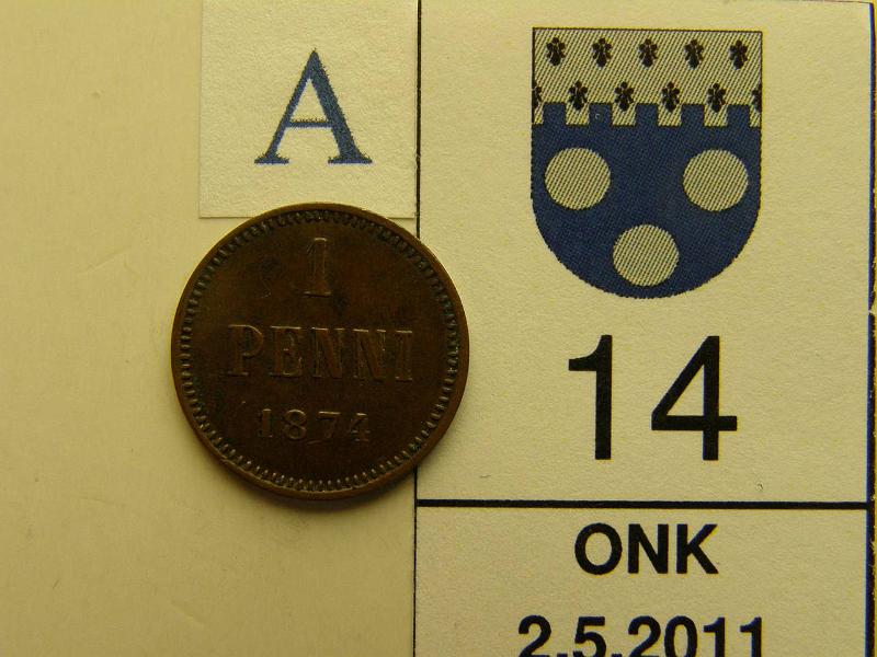 kohde_014_a.jpg - Kohde 14, arvopuoli, lhthinta: 10 € 1 p 1874, kunto: 6.