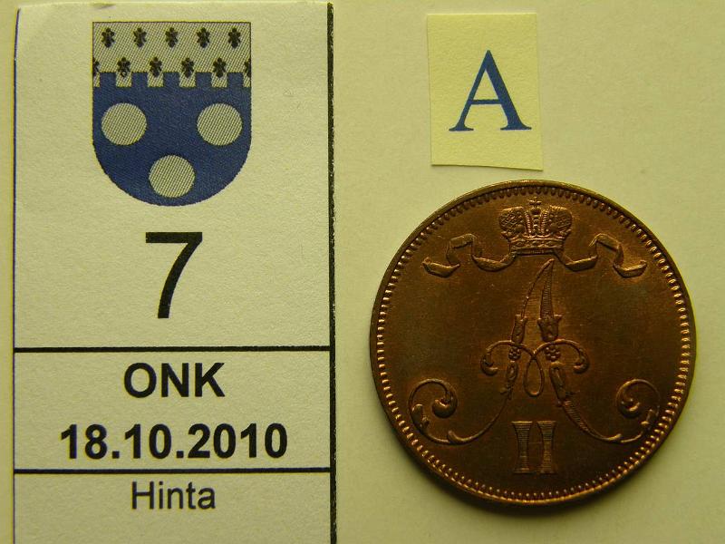 kohde_007_a.jpg - Kohde 7, tunnuspuoli, lhthinta: 1100 € 5 p 1872 1/4 rahasta kauniisti leimakiiltoinen, harv. kunto tlle vuodelle, kunto: 8.