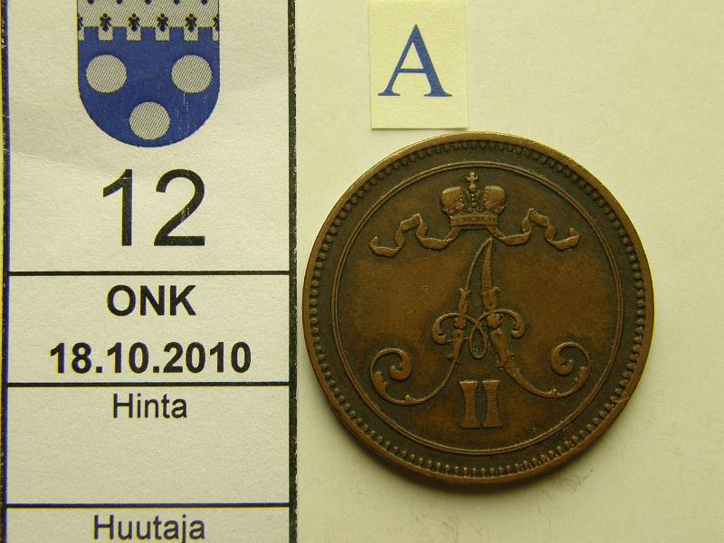 kohde_012_a.jpg - Kohde 12, tunnuspuoli, lhthinta: 40 € 10 p 1865 tumma patina, varsin hyv tlle vuodelle, kunto: 5/6.