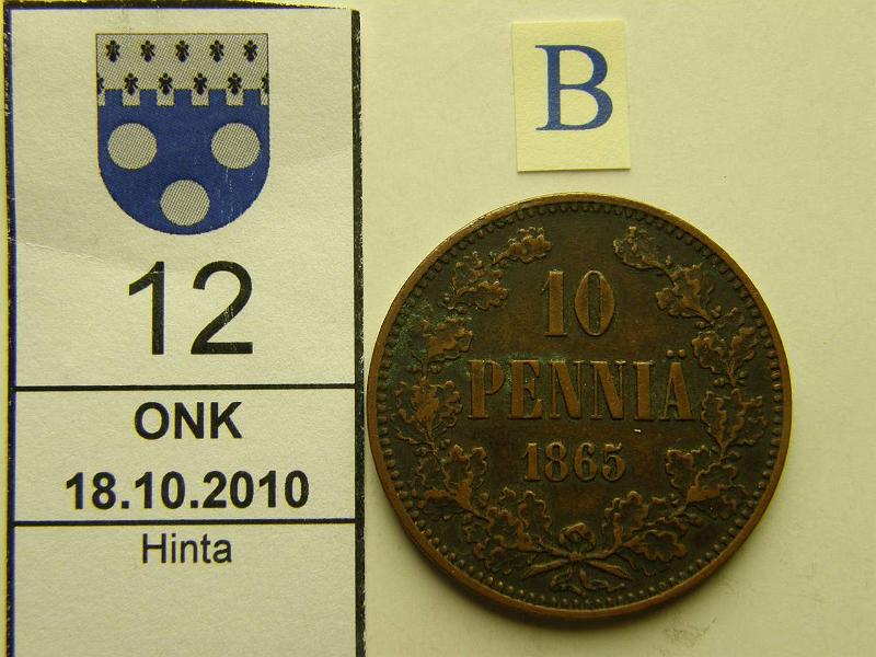 kohde_012_b.jpg - Kohde 12, arvopuoli, lhthinta: 40 € 10 p 1865 tumma patina, varsin hyv tlle vuodelle, kunto: 5/6.