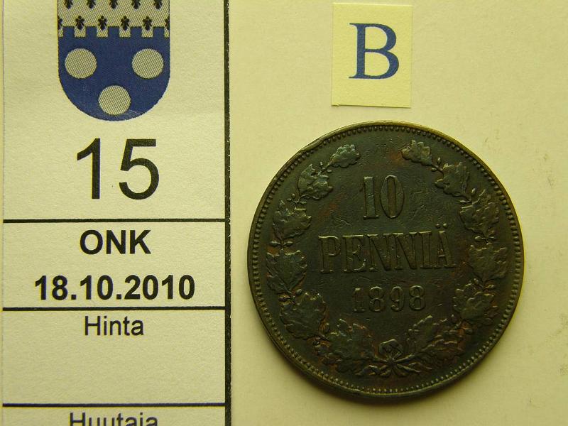 kohde_015_b.jpg - Kohde 15, arvopuoli, lhthinta: 50 € / myyntihinta: 50 € 10 p 1898 prvja, puhd, liev meistin kiert., kunto: 3/4.