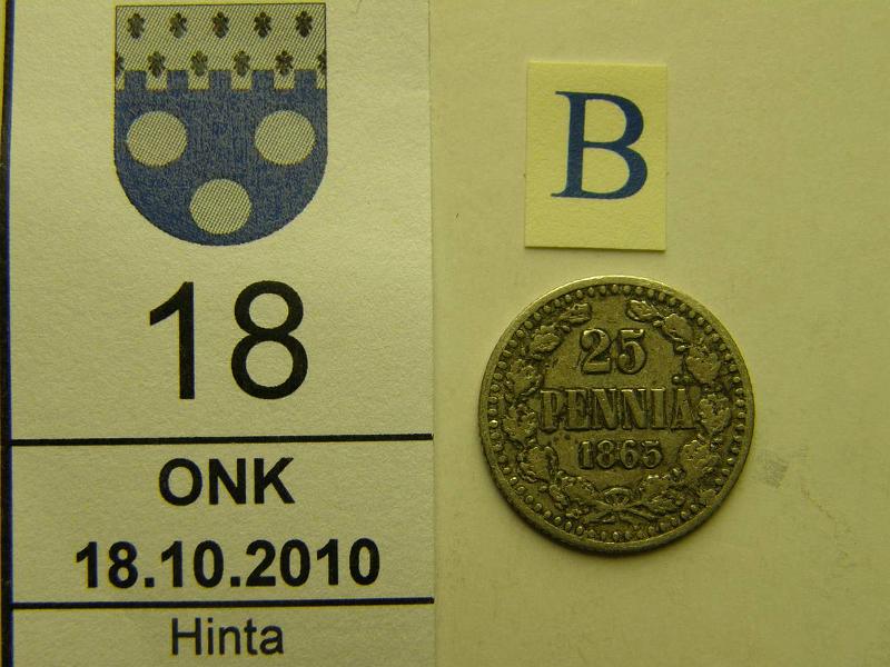 kohde_018_b.jpg - Kohde 18, arvopuoli, lhthinta: 30 € / myyntihinta: 58 € 25 p 1865 Ag, SNY 265.2.1, kunto: 2/3.