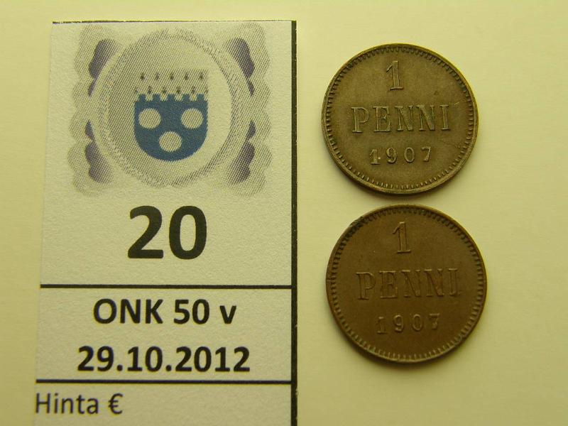 k-0020-a.jpg - Kohde 20, lhthinta: 10 € 1 p 1907 (2) suora- ja hakalippa, kunto: 6,7